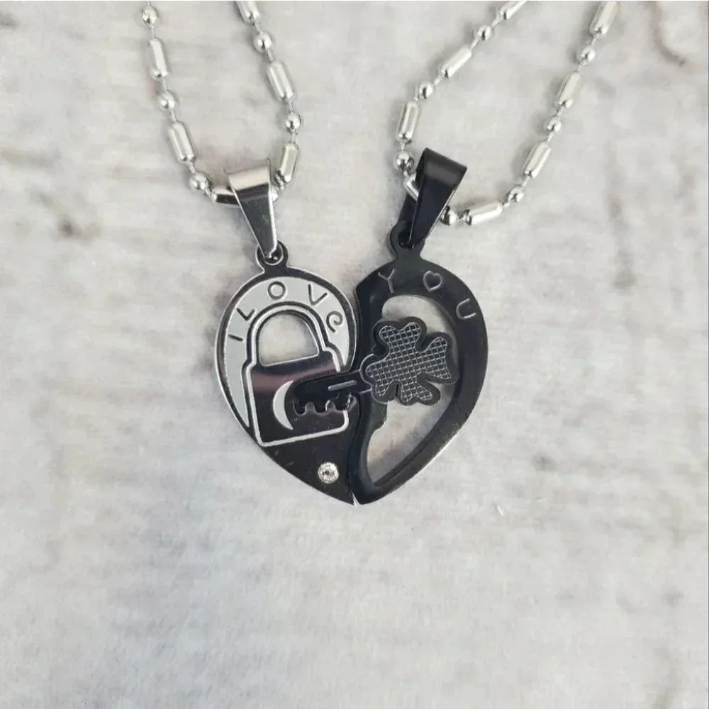 Silver and Black Lucky Clover Key "I Love You" Couples matching necklaces.